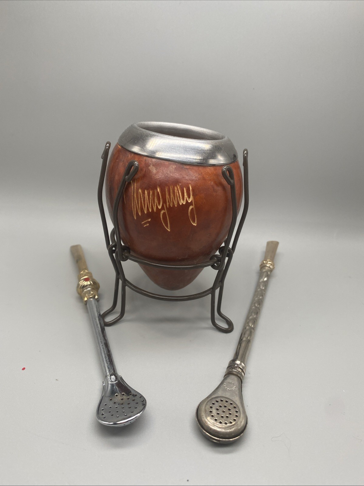 Vintage Bombilla Straws W/ Matching Yerba Mate Gourd S. American, Argentina