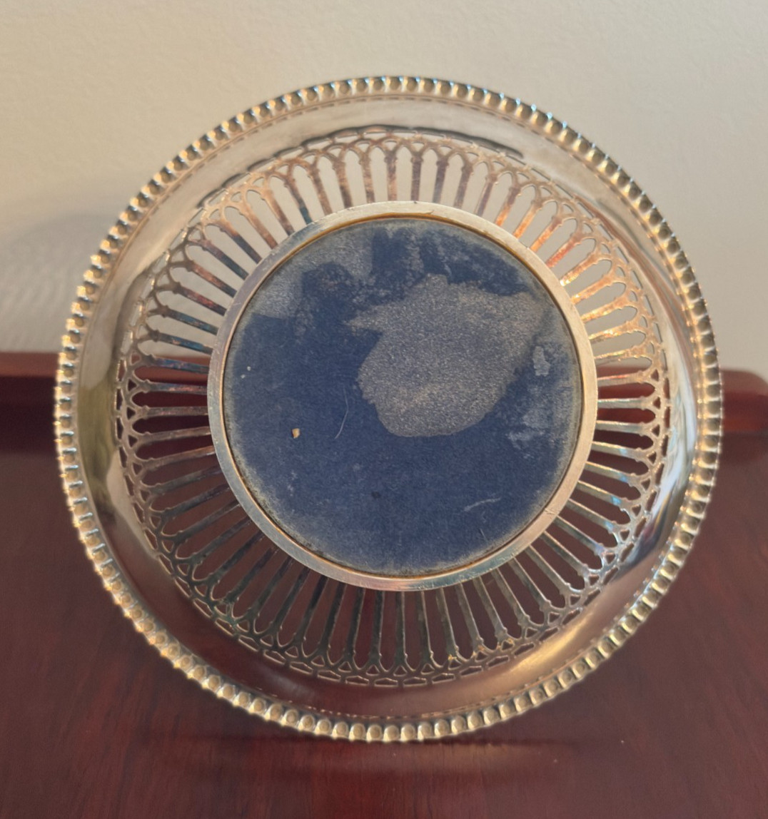 Metal Serving Basket Pierced Dish Scroll Handle Silver Tone Display