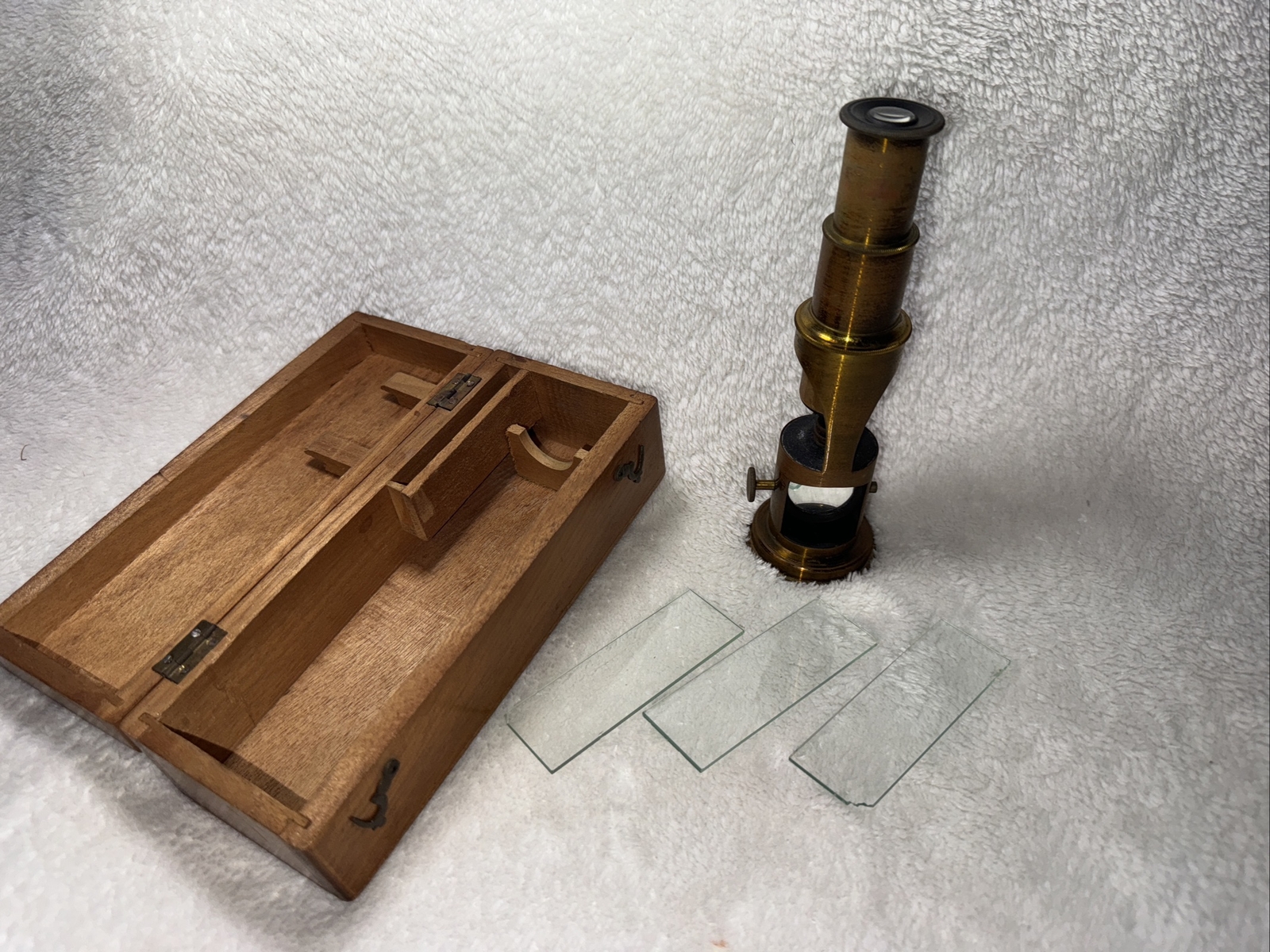 Antique French Field Microscope Brass wood box Glass slides