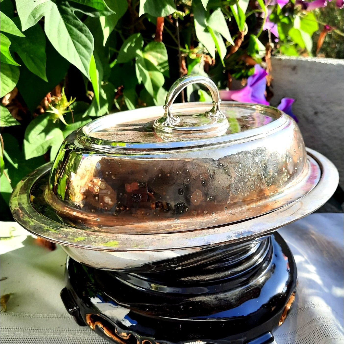 Vintage Barbour Silver Co. Nickel Silver Oval Covered Serving Bowl Monogrammed
