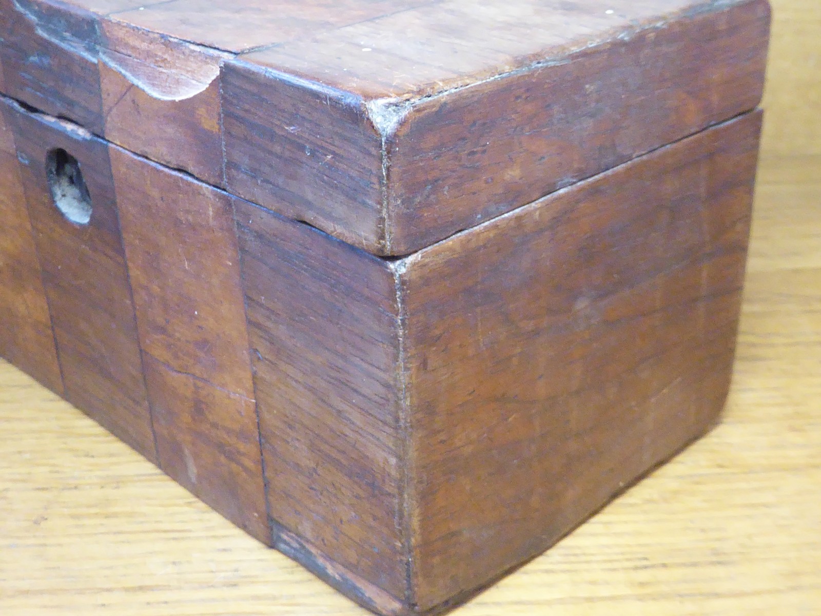 Antique Tea Caddy . Rectangular box with striped blocks of Veneer.2 compartments