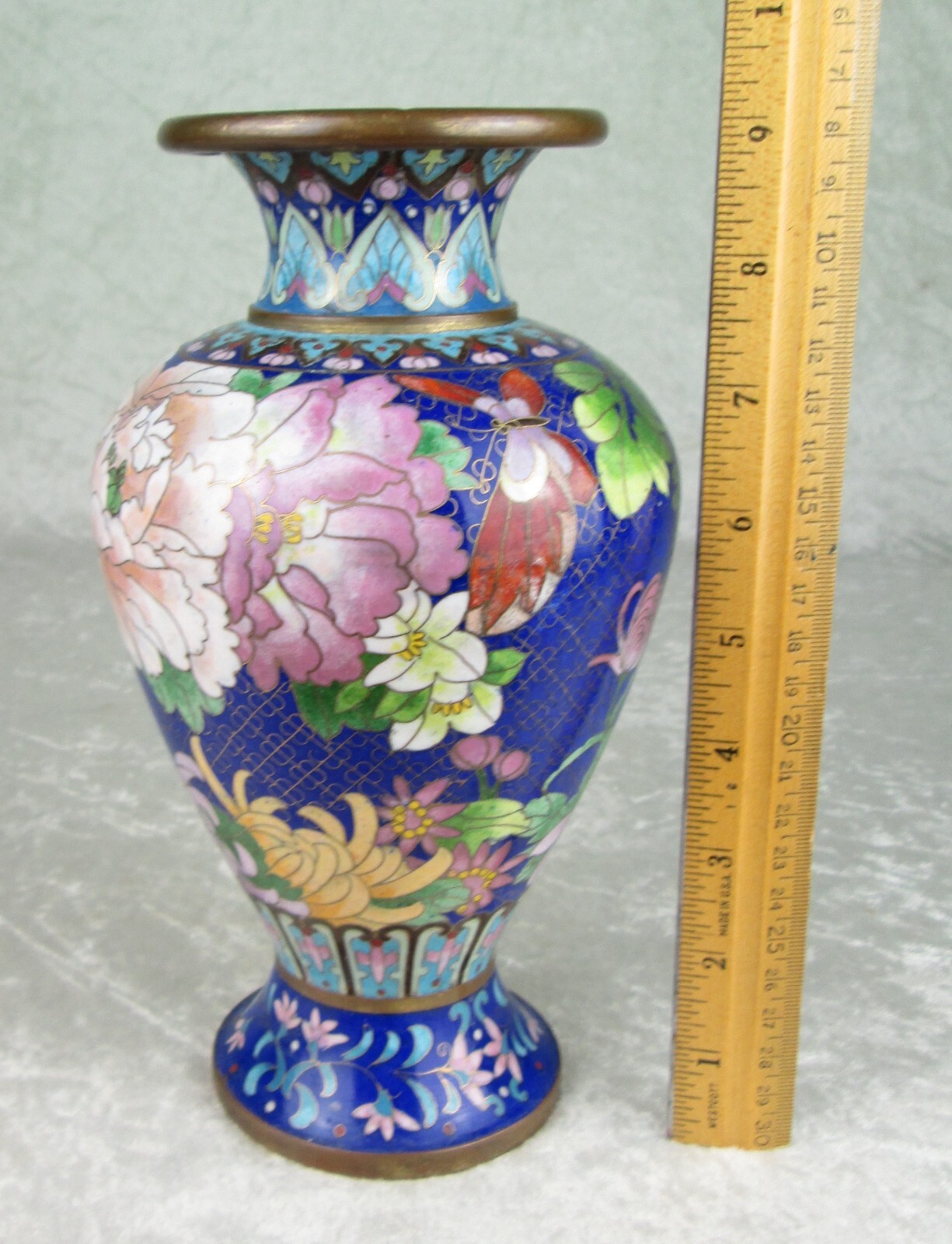 Chinese Cloisonne Vase Flowers Birds Red Green Blue Pink White Purple 9in Tall