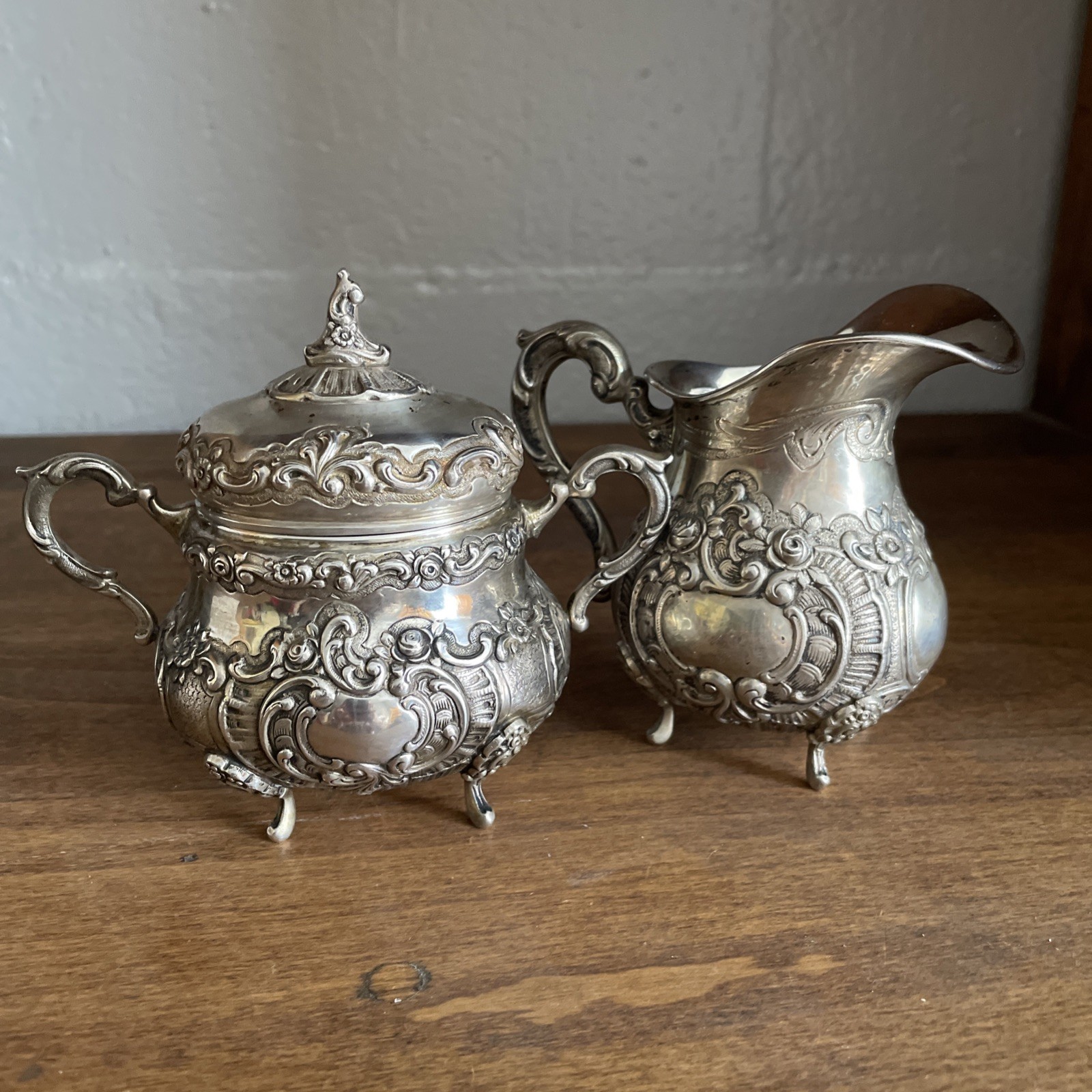 800 SILVER EUROPEAN Repose FOOTED SUGAR BOWL W / LID & CREAMER JAR 15.4oz