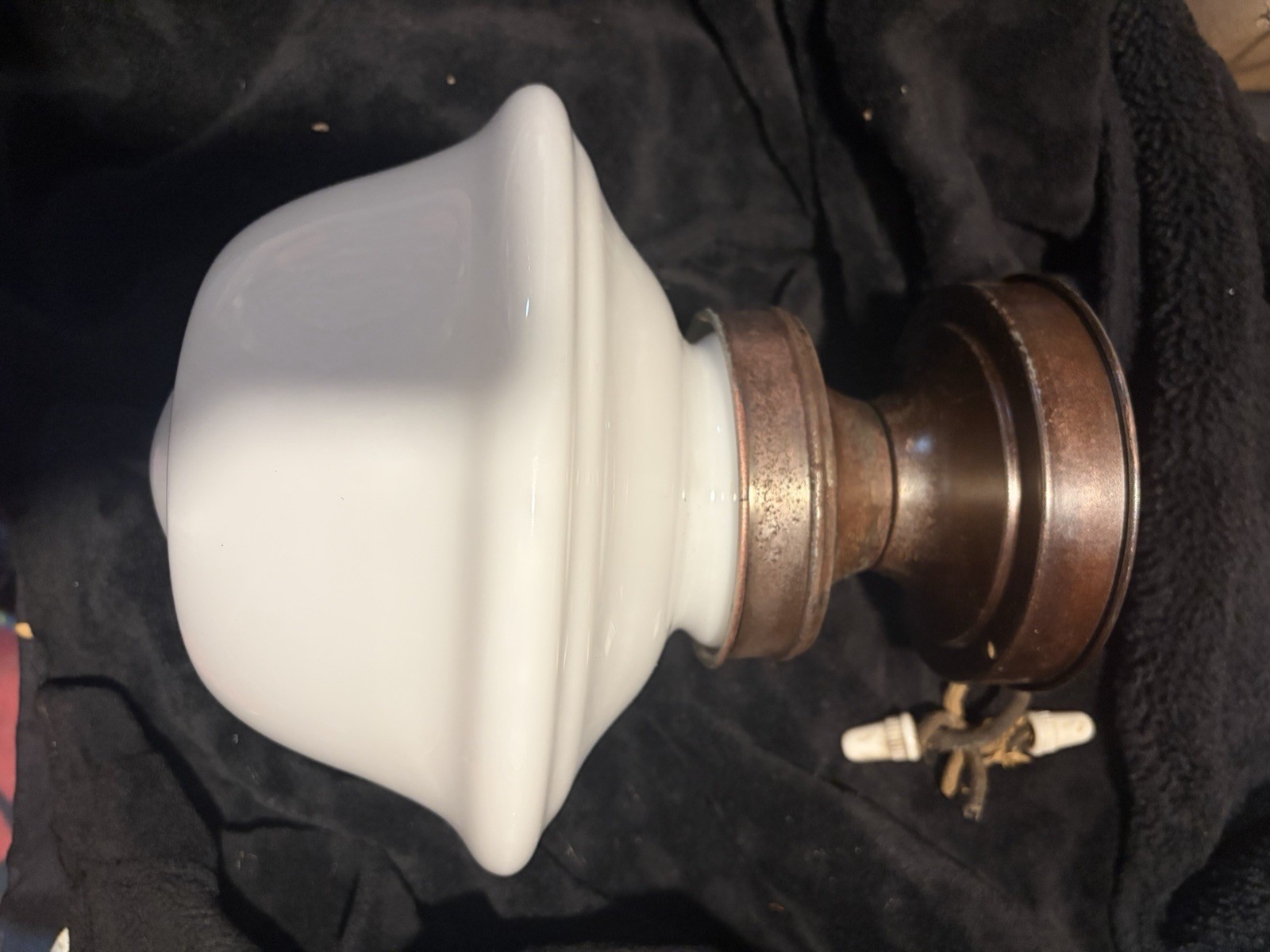Corning Vintage 1940s Art Deco Pull Chain Wall Sconce White Glass Bronze