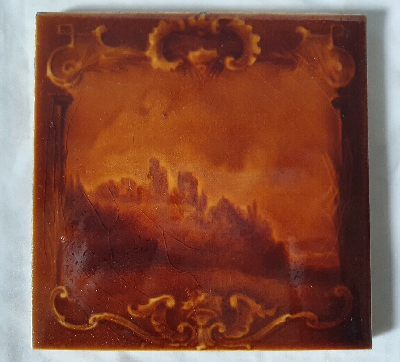 GORGEOUS SHERWIN & COTTON RUST SEPIA TONED CASTLE LANDSCAPE ANTIQUE 6 INCH TILE