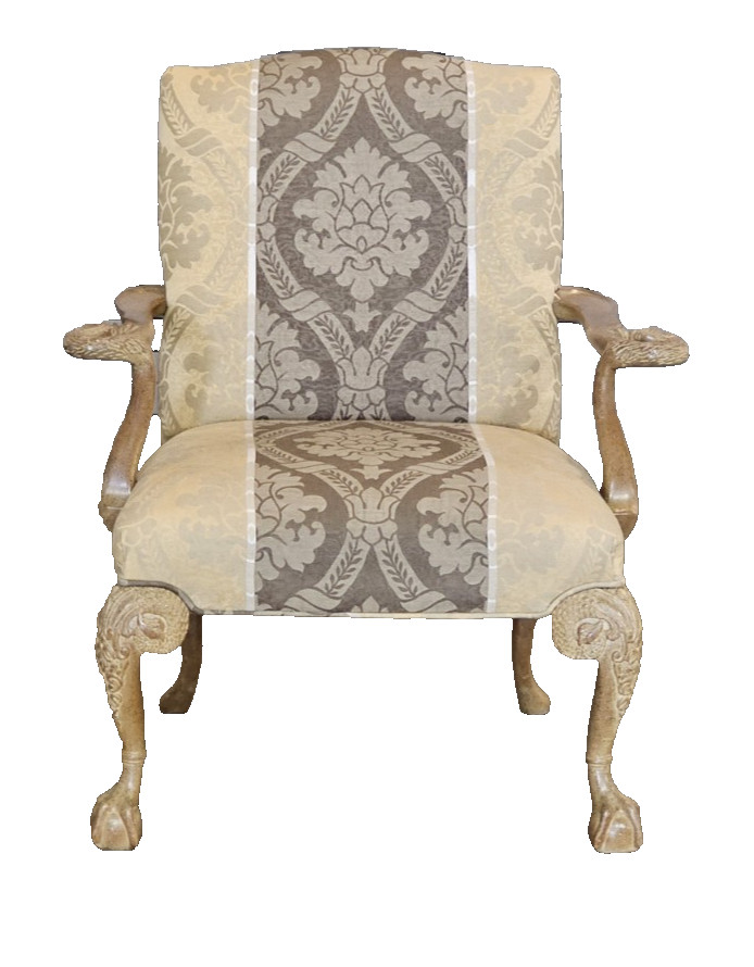 Chippendale Style Arm Chair Carved Swan Arms Ball & Claw Feet Damask Fabric