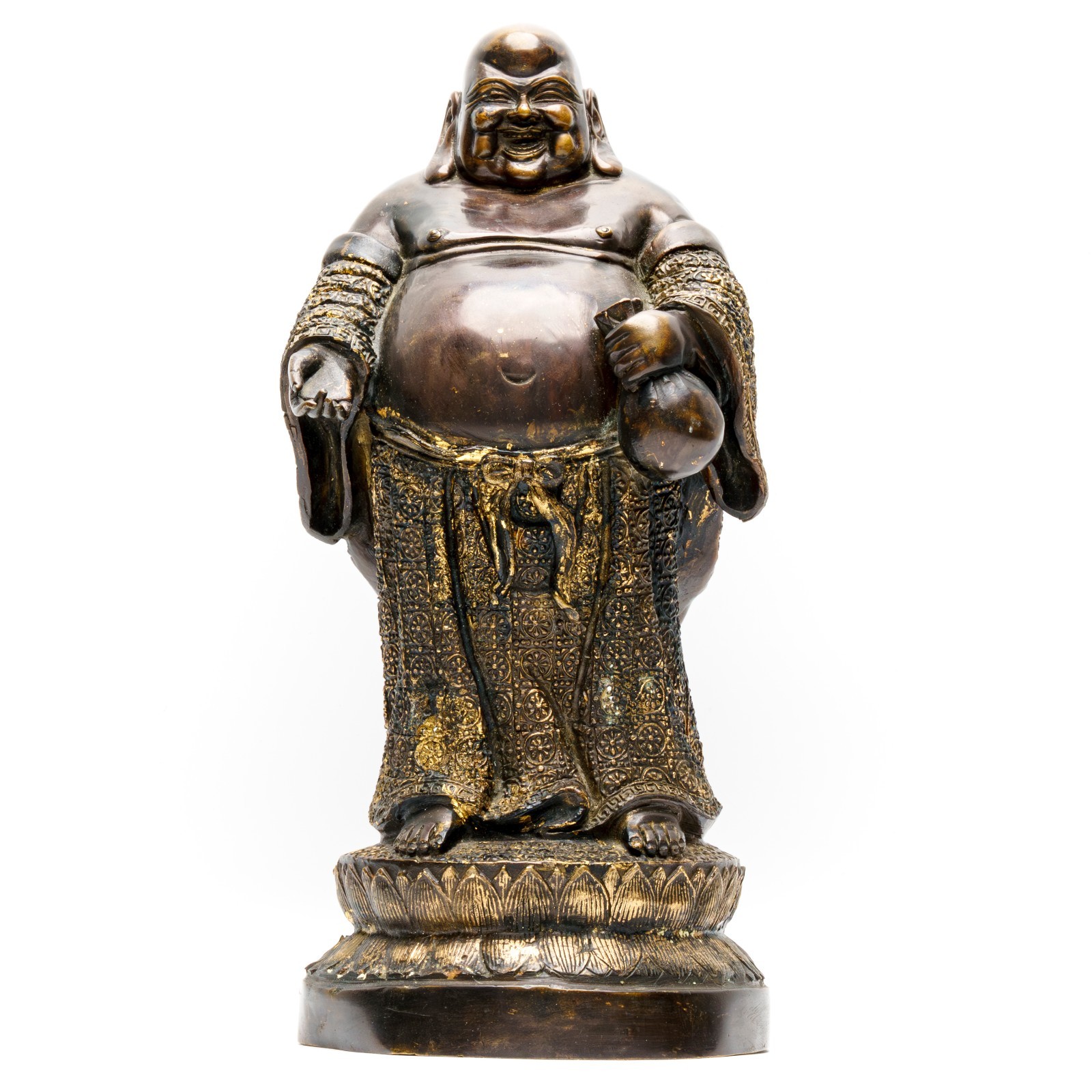 Chinese Figurine Bronze Gilt Laughing Buddha Budai Immortal Lotus Stand 20C