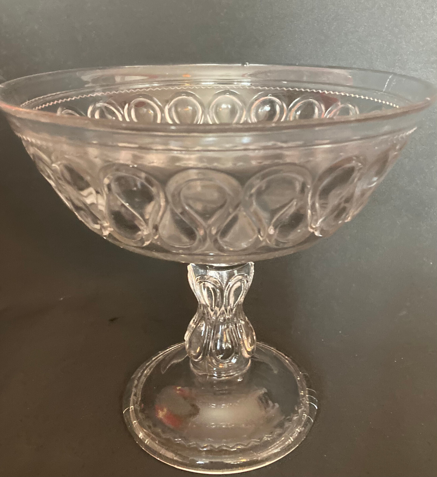 EAPG Antique Pattern Glass RIBBON CANDY 7.5″ COMPOTE Double Loop U.S. Glass