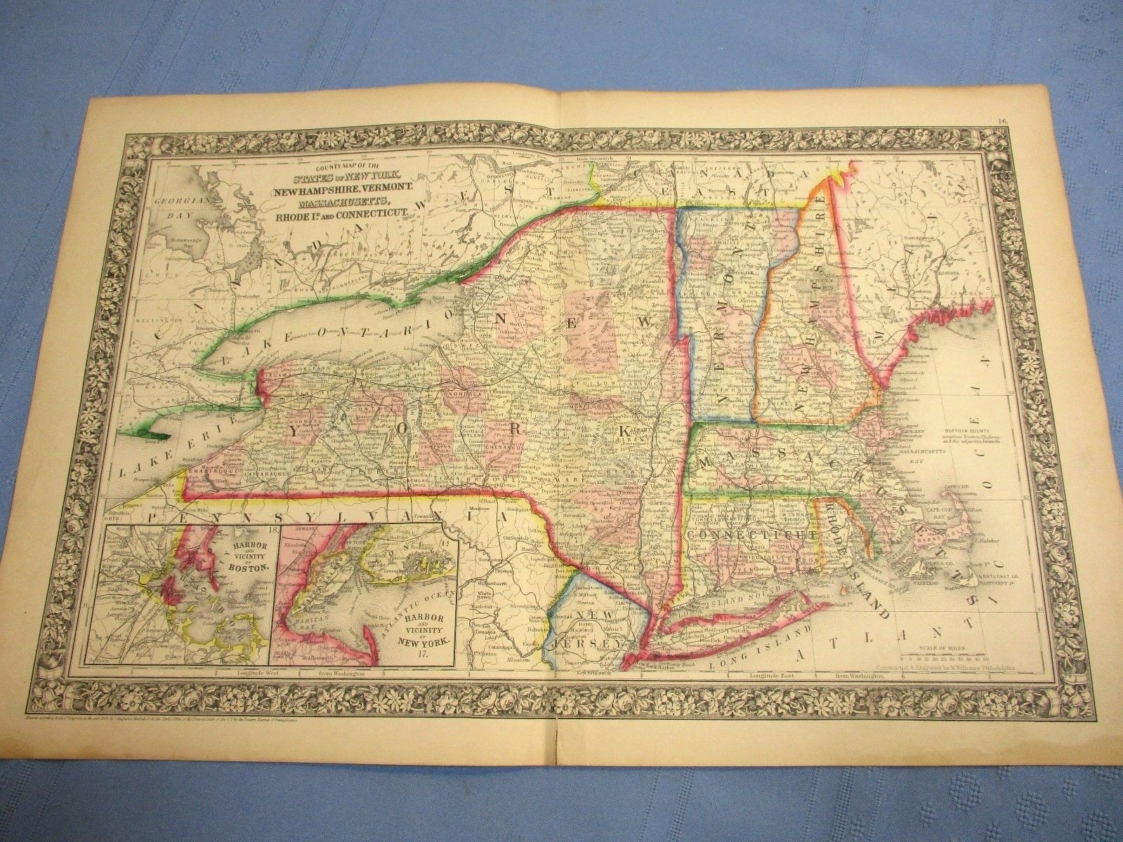 1865 Colored Map – NY, MA, CT, RI, VT, NH – Boston & NYC Harbor – Civil War Year