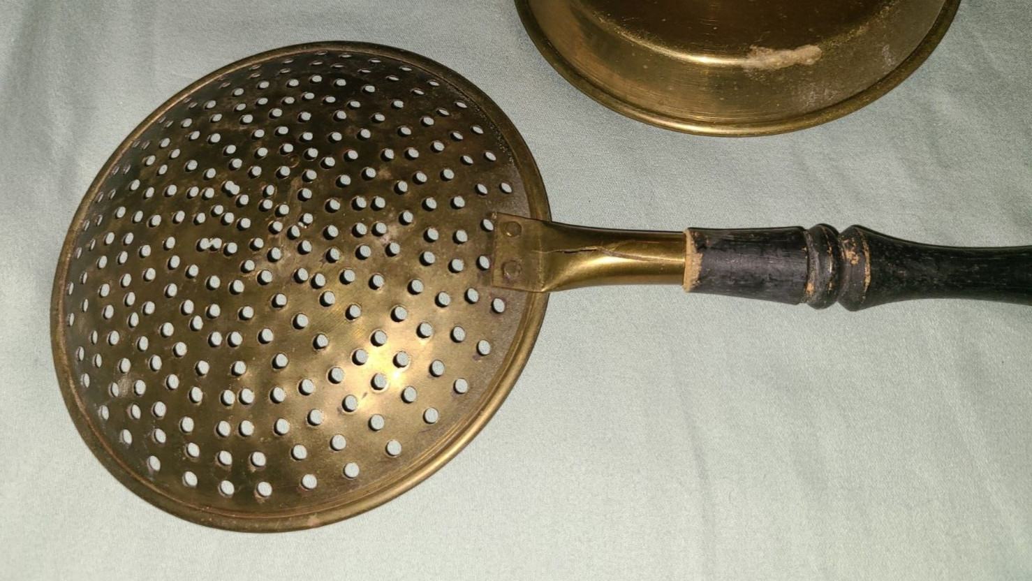 Antique country primitive set – brass egg poacher, pan, strainer w wood handles