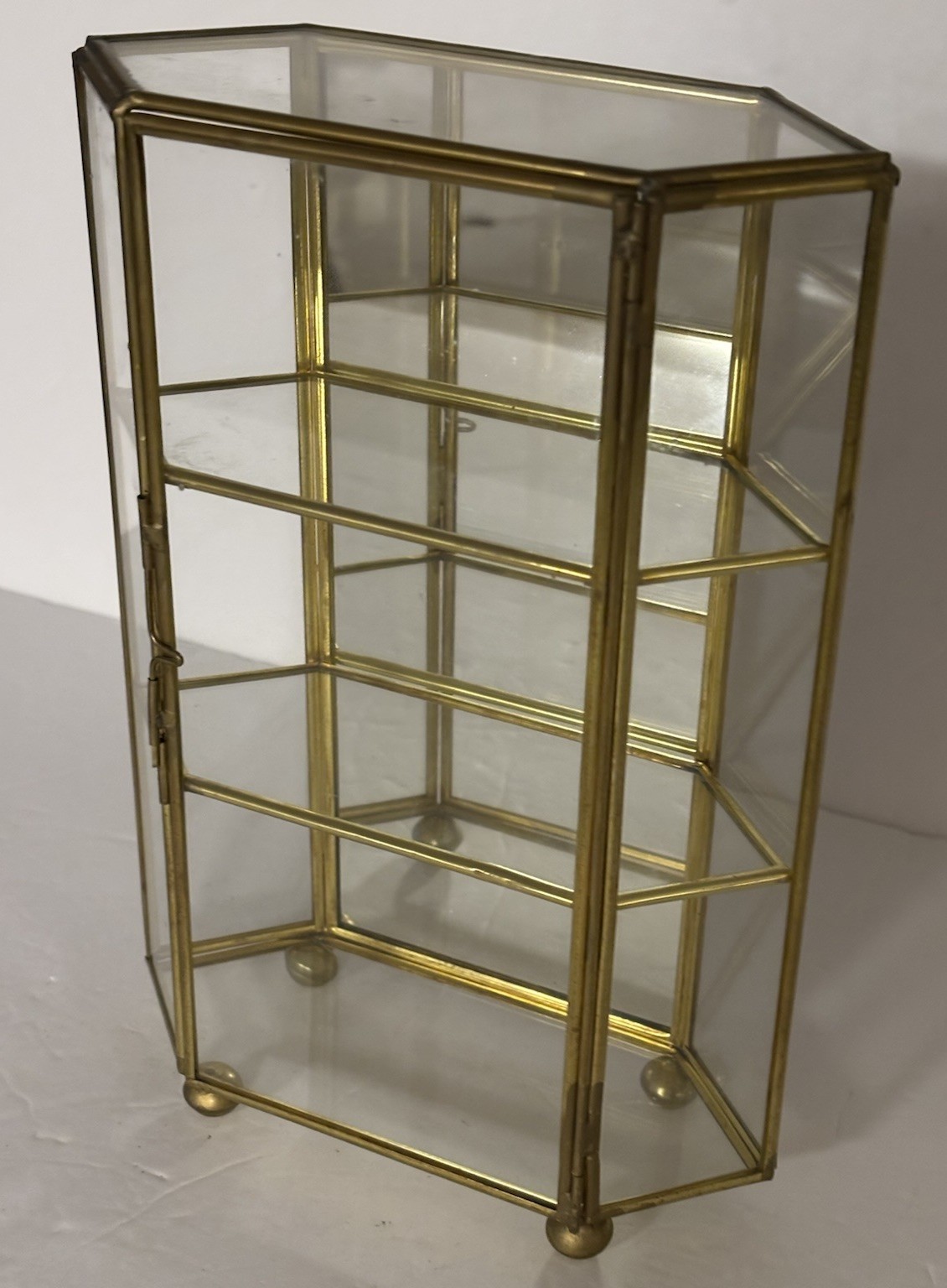 Vtg Glass With Brass Tabletop Curio Cabinet 3 Display Shelf 9” T Mirrored Back