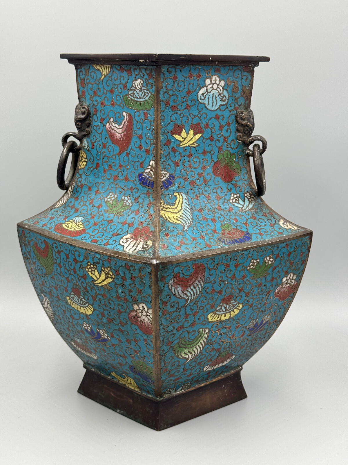 Antique 16th – 17th c Chinese Ming Dynasty Cloisonne Blue Diamond Shape Vase 12″