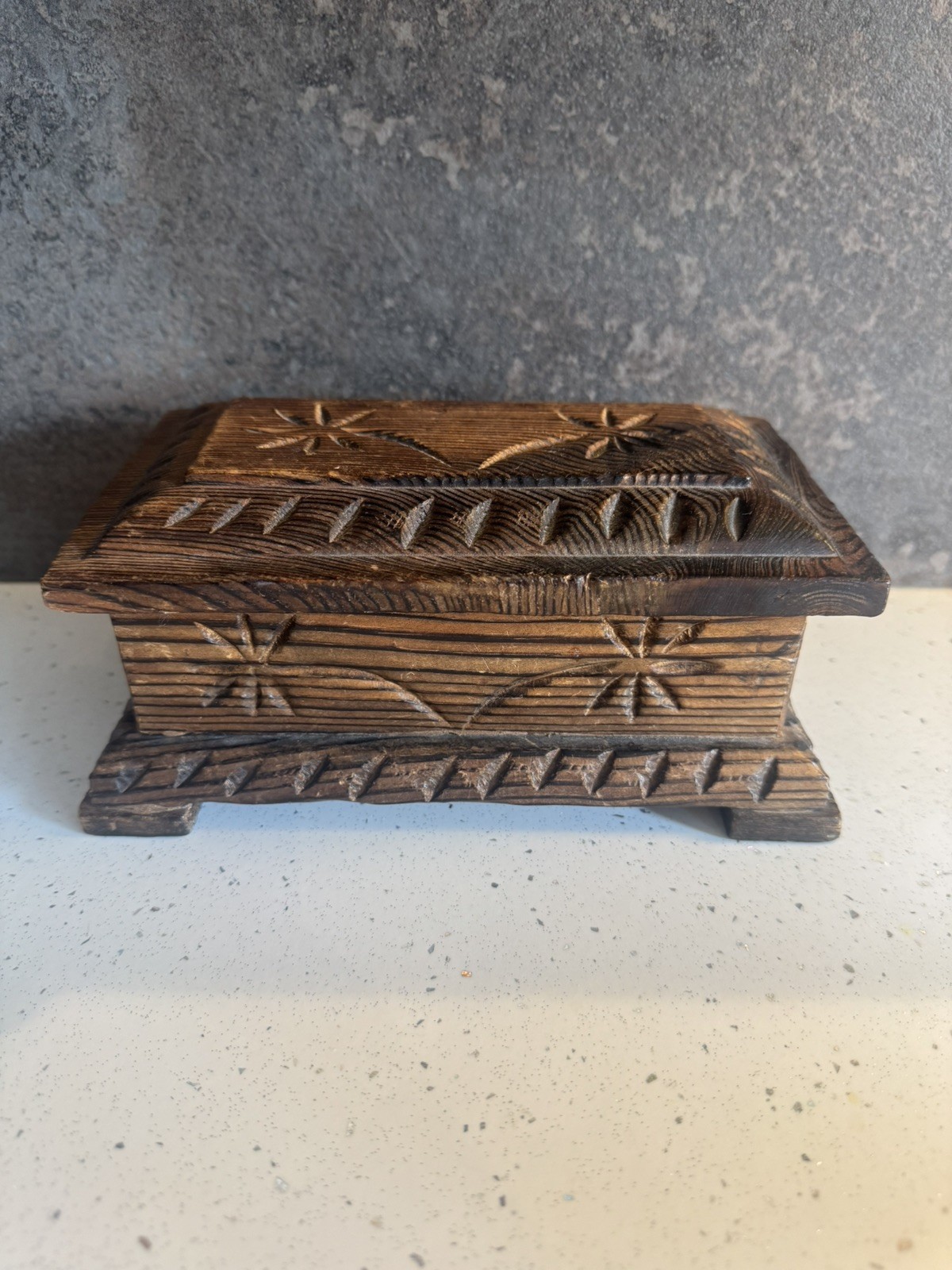 Vintage Hand-Carved Wooden Trinket Jewellery Box Small Rustic Storage Chest