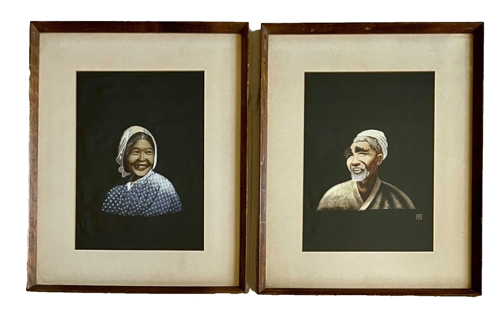 Vintage Pair UCHIDA Silk Embroidered Japanese Art Portrait Couple Man Woman