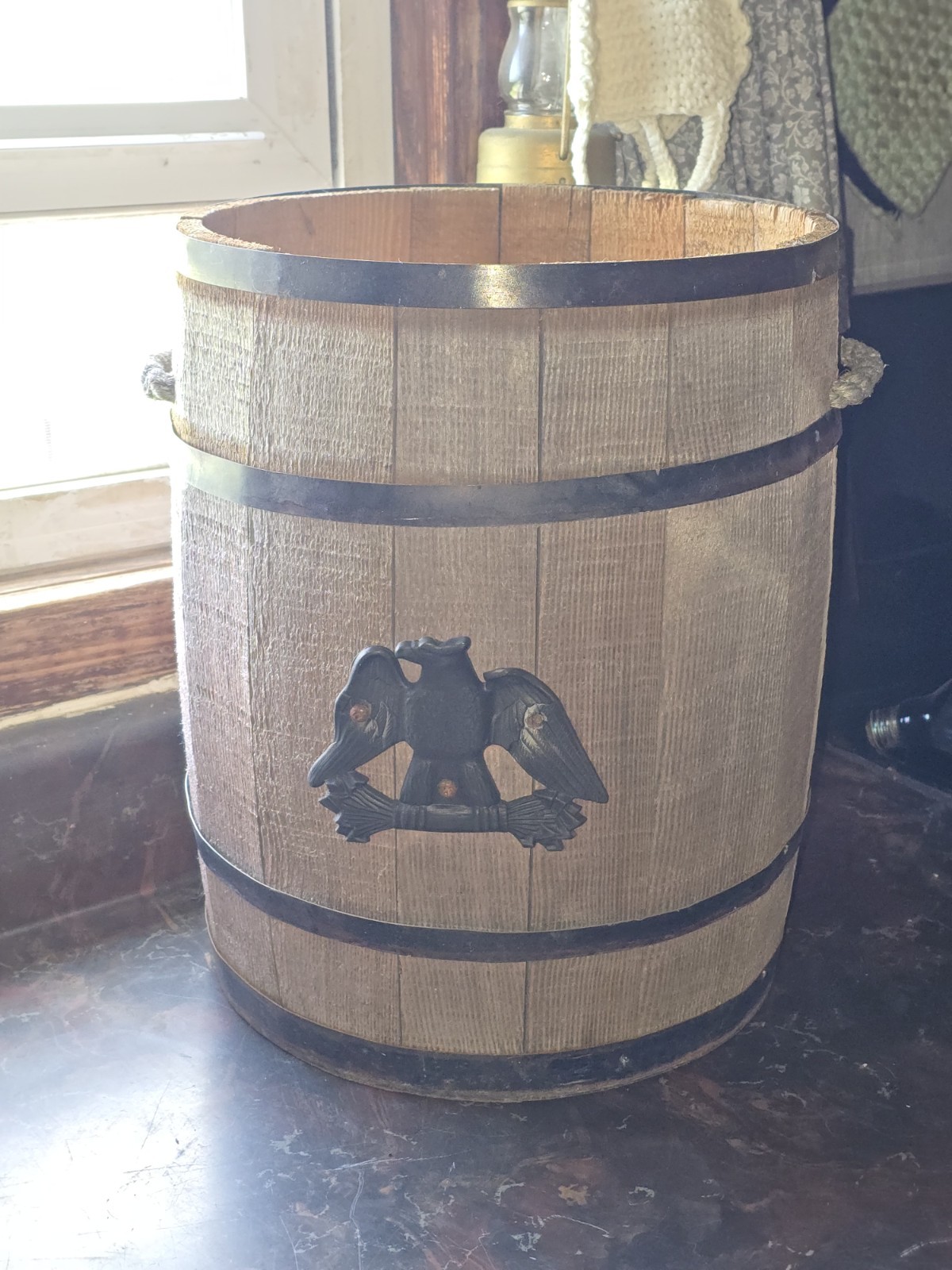 Vintage Rustic Wooden Slat Barrel With American Eagle And Rope Handles 14″ × 11″
