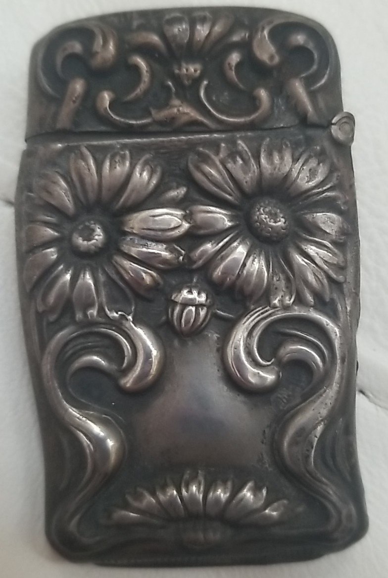Antique Sterling Silver Art Nouveau Vesta Match Safe Case Repoussé Scroll Design