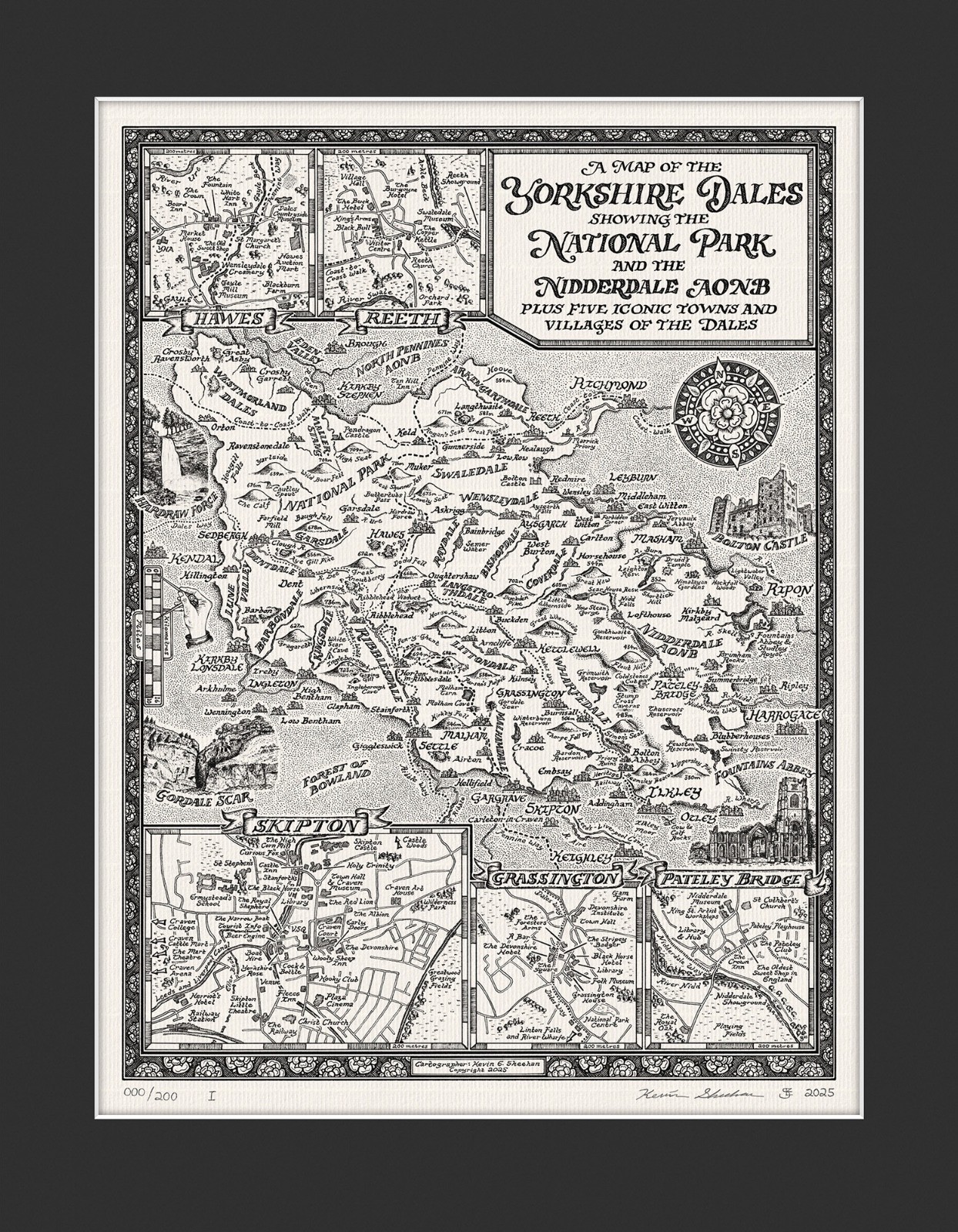 Yorkshire Dales Map [with mount] – Fine Art Prints Hand Drawn by Manuscript Maps