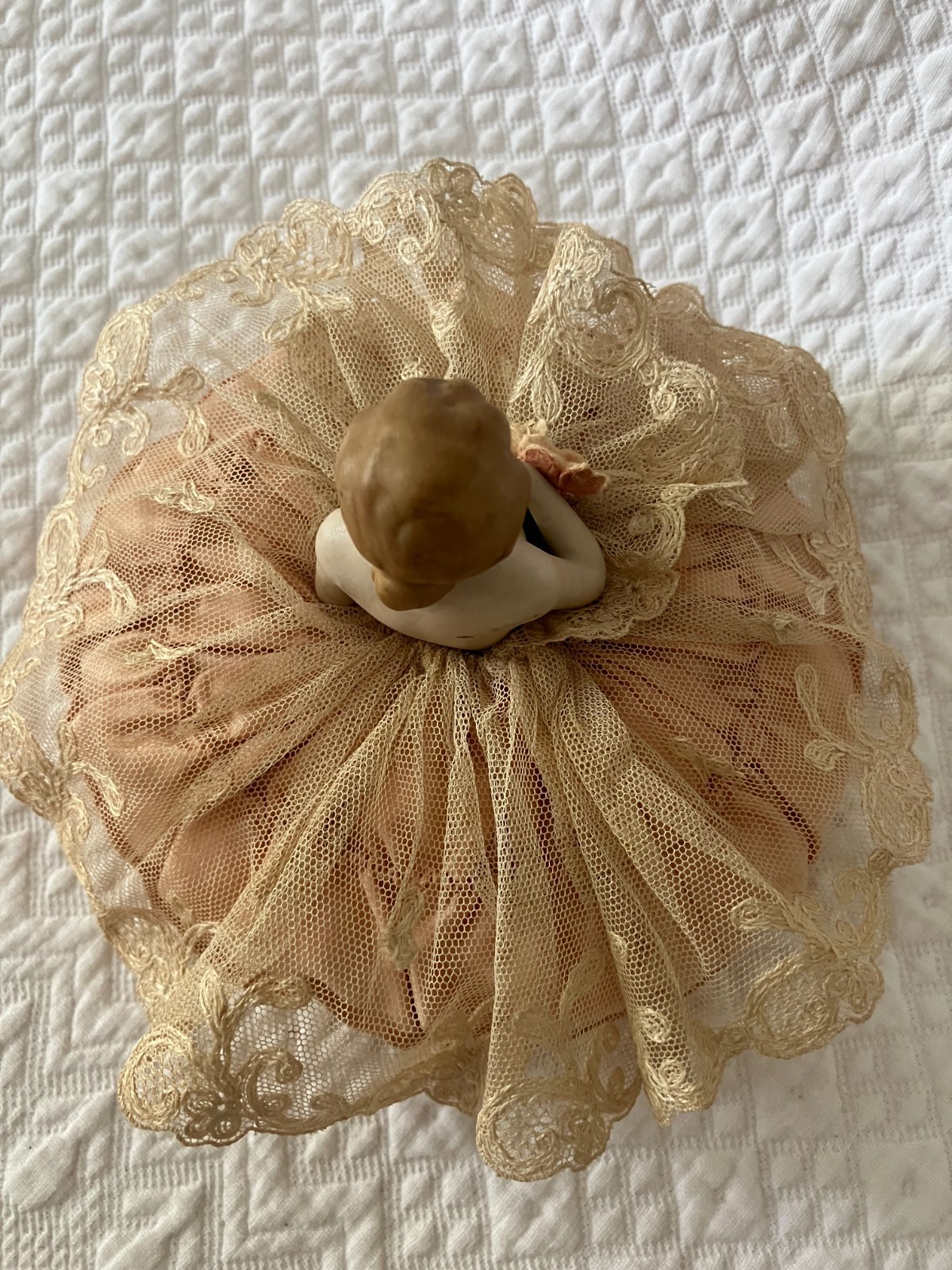 Antique Half Doll Arms Away Silk Satin & Lace Pin Cushion Germany