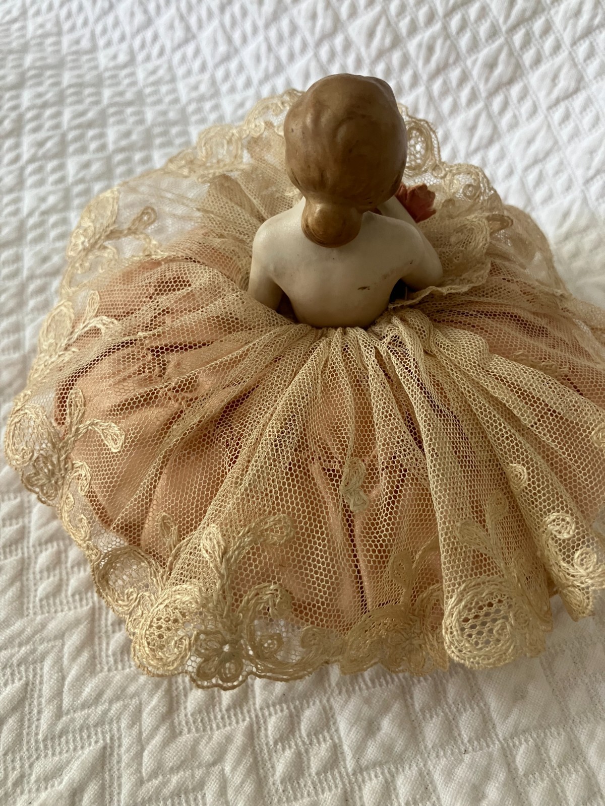 Antique Half Doll Arms Away Silk Satin & Lace Pin Cushion Germany