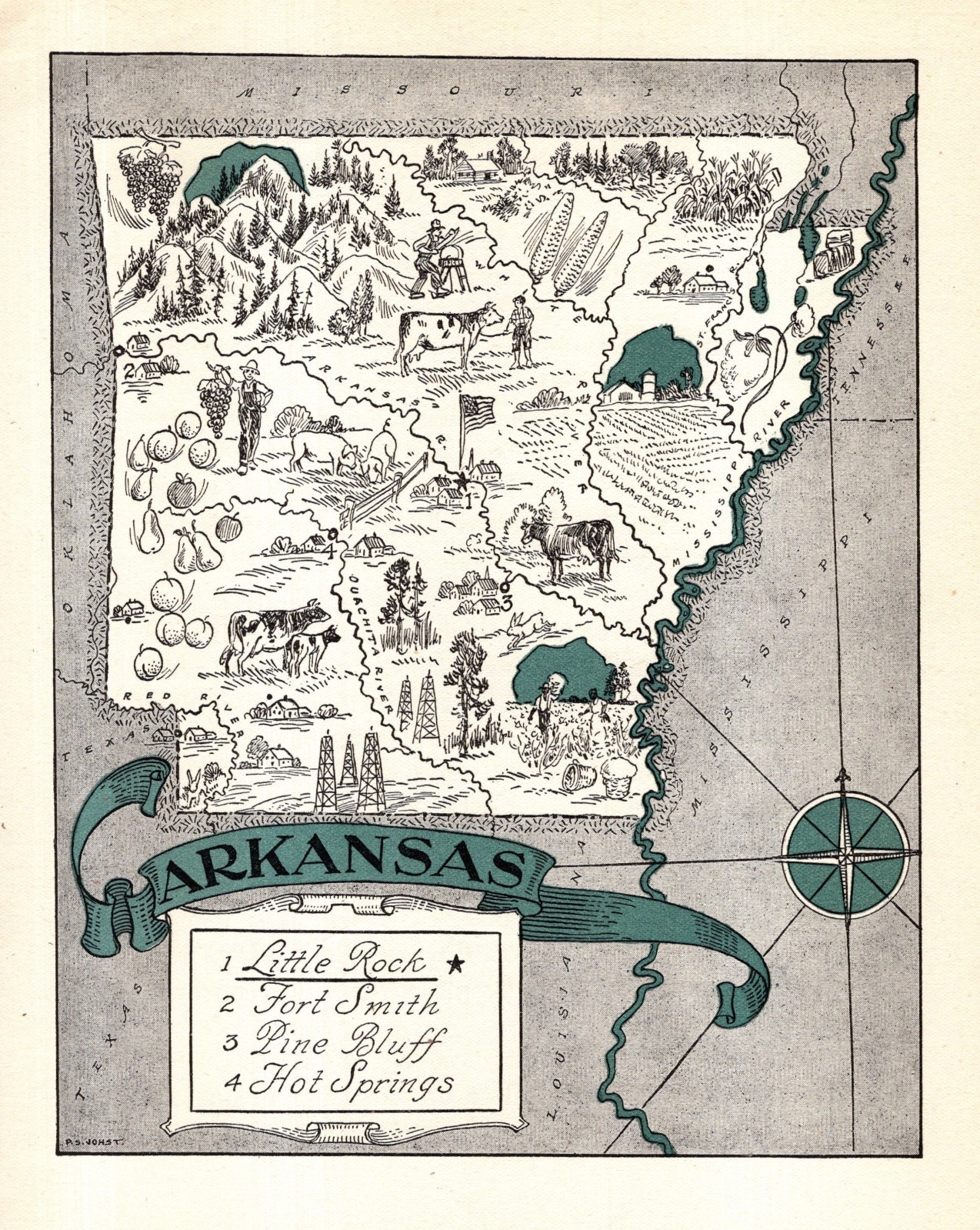 1930s Antique Arkansas State Map RARE Animated Blue Picture Map BLU 2982