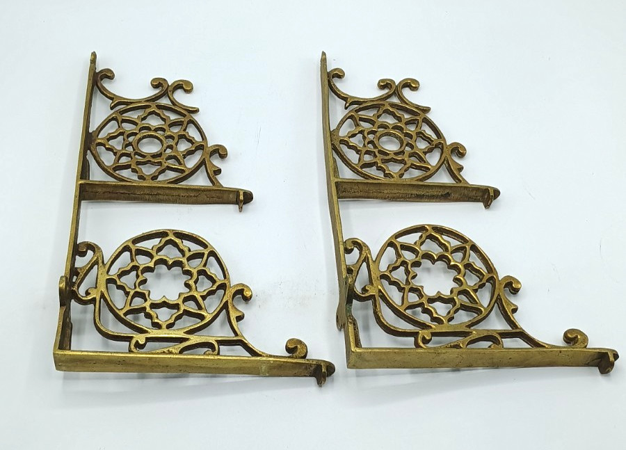 Set of 2 Vintage Brass Moorish Gothic Revival Double Rosettes Shelf Brackets