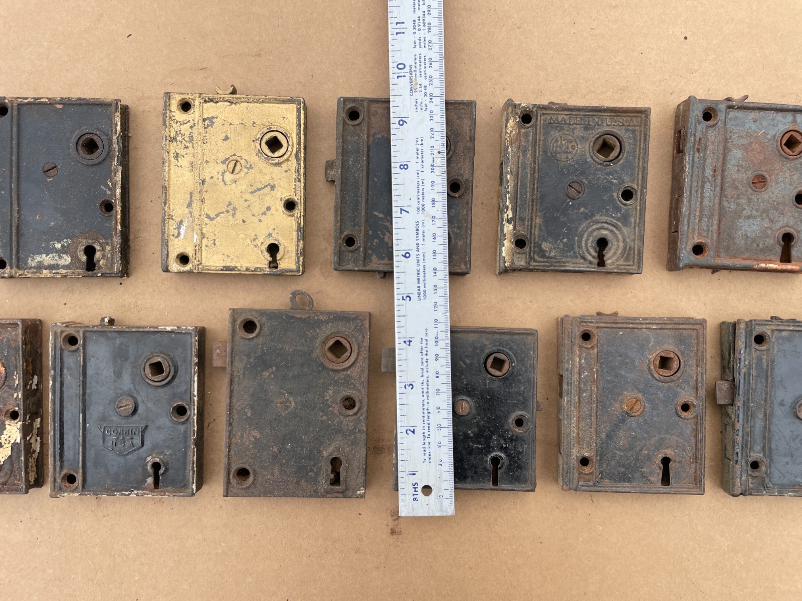 OUTSTANDING Lot of (11) Antique DOOR RIM LOCKS Cast Iron Locks Applied on door