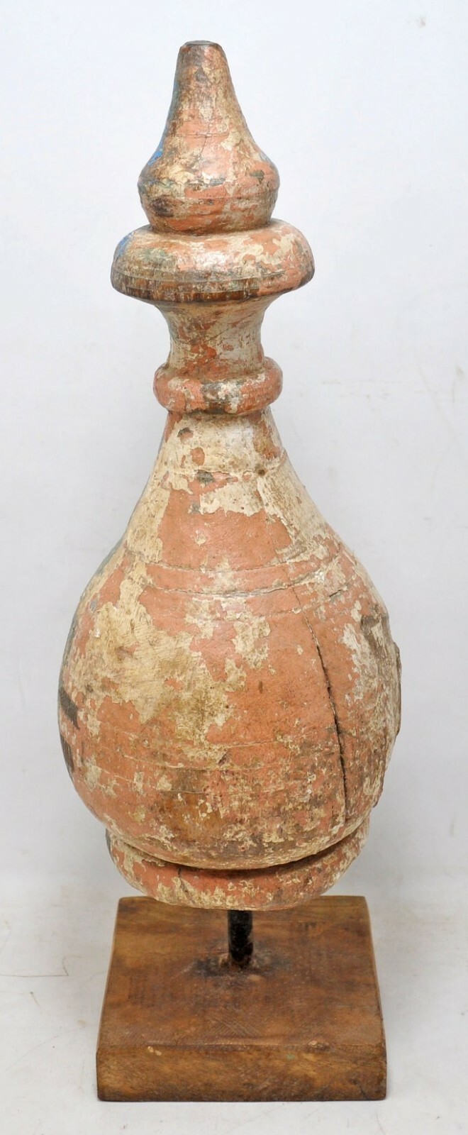 Antique Wooden Round Cone Shape Carving Original Old Hand Carved Polychrome