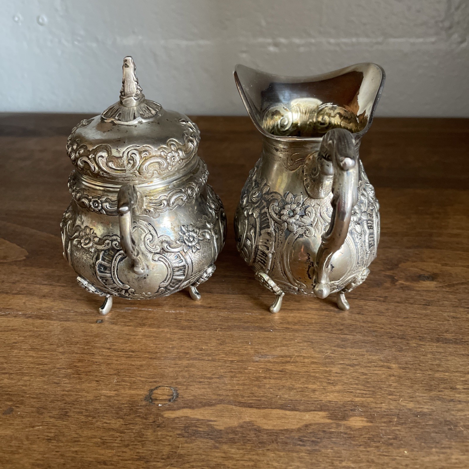 800 SILVER EUROPEAN Repose FOOTED SUGAR BOWL W / LID & CREAMER JAR 15.4oz
