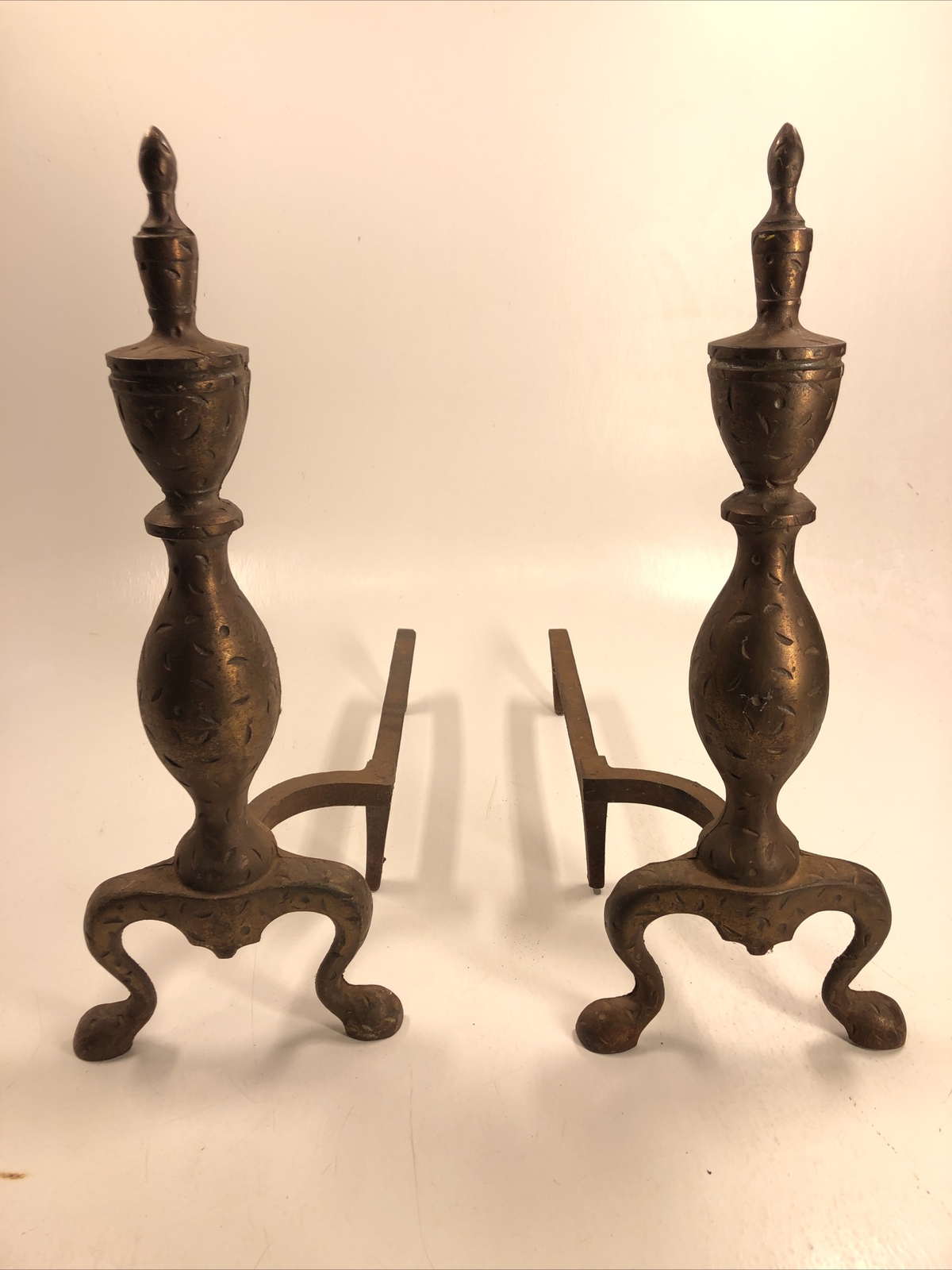 Vintage Hammered STYLE Antique CAST IRON Andirons Pair 20” Tall