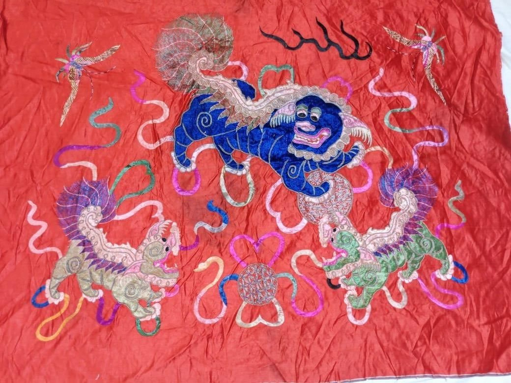 Antique Chinese Silk embroidered textile Panel wall hanging 35×27 inches