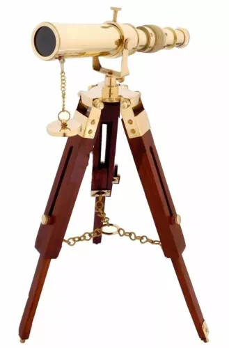 Brass Maritime Telescope on Wooden Tripod Stand Nautical Home Desktop Gift