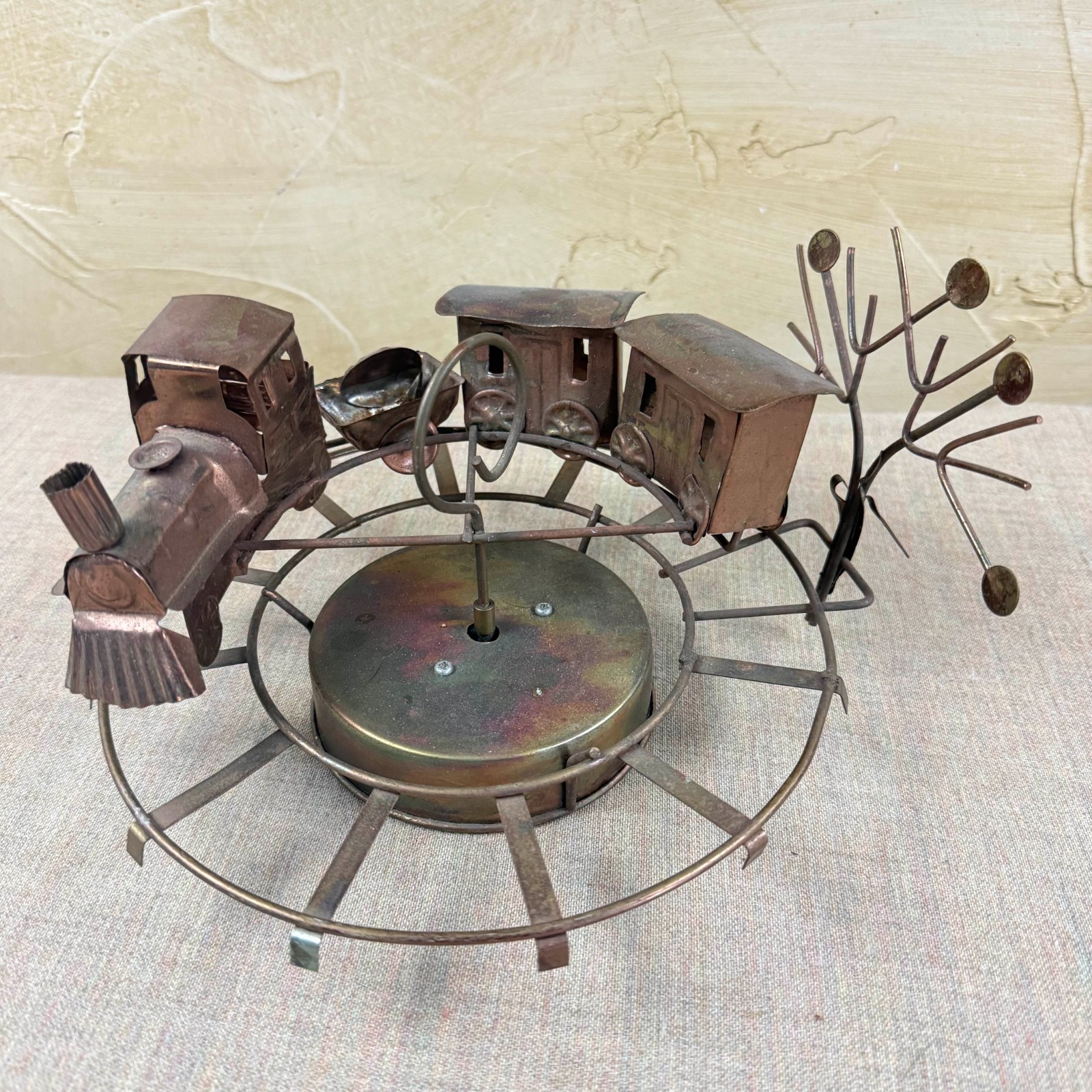 Vintage Copper Metal Train Music Box Sculpture Rotating Railroad Decor