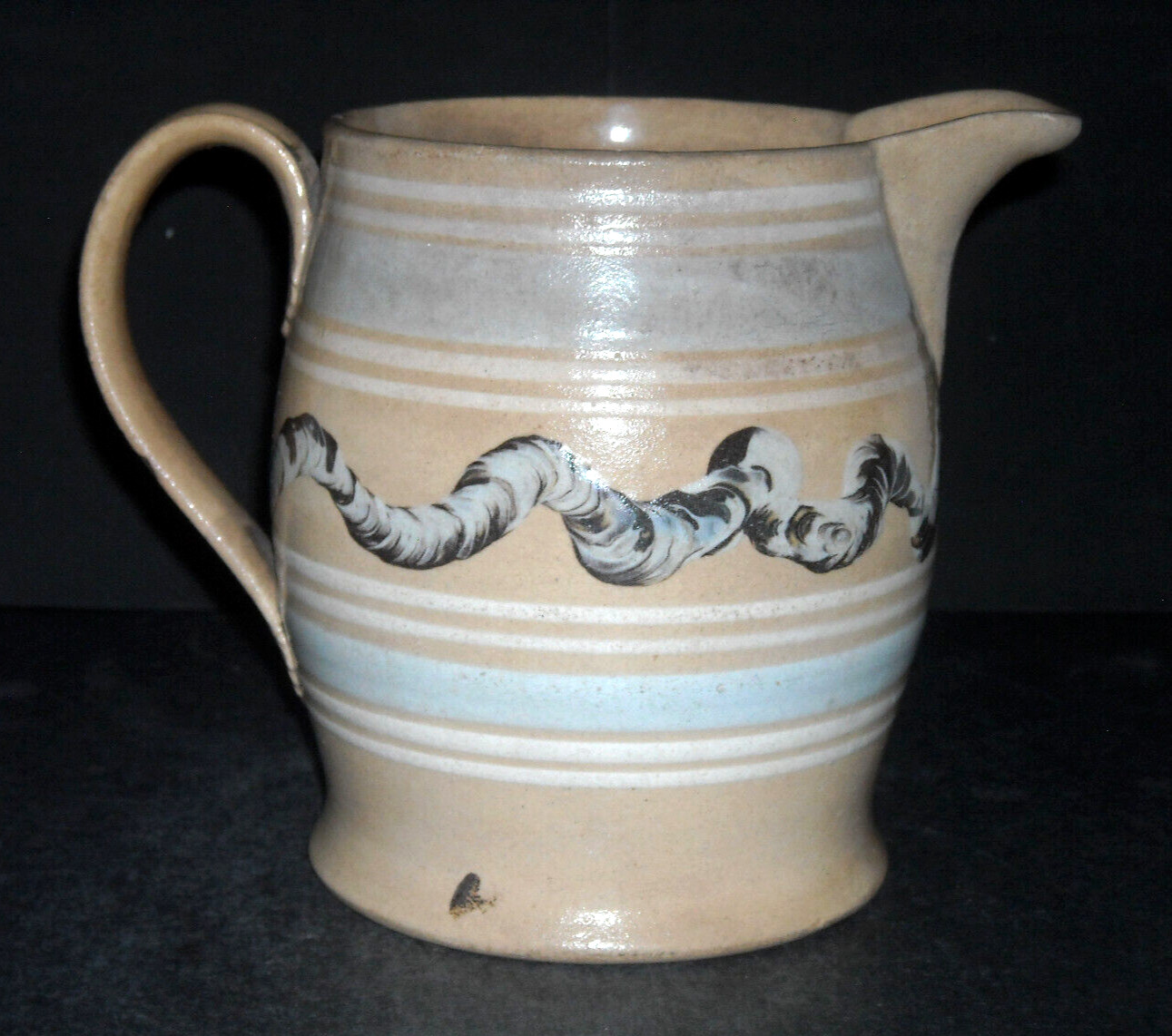 Early (1835 – 1865) Earthworm Mocha Yellow Ware Pitcher Stoneware Antique
