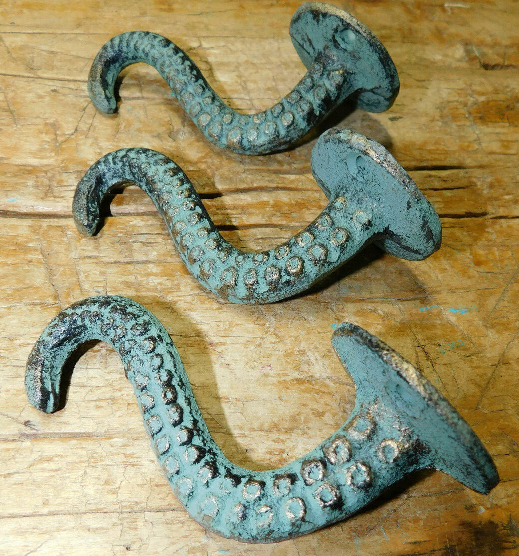 3 Cast Iron OCTOPUS TENTACLE Wall Hooks Bathroom Towel Hook Nautical Coat Key