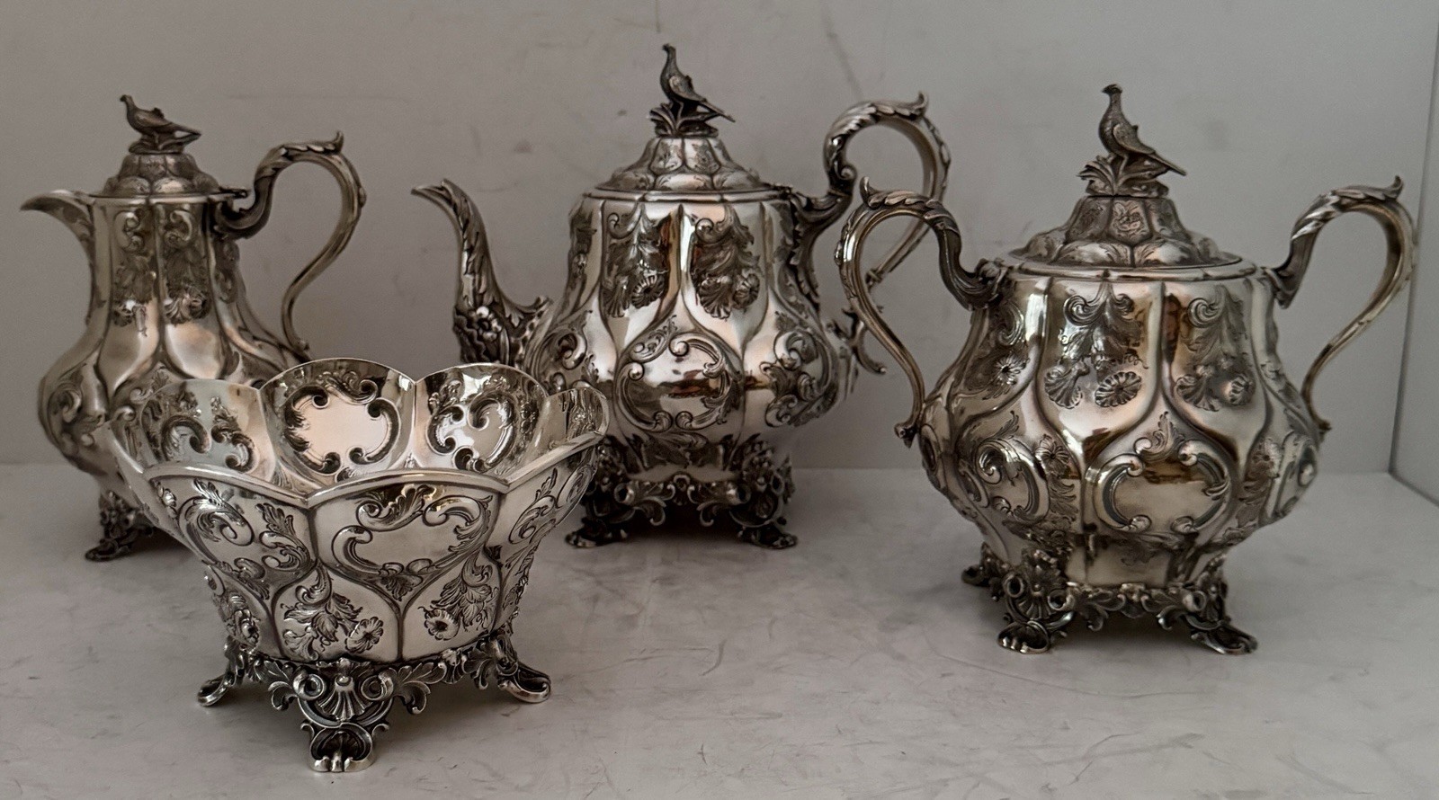 NYC COIN SILVER CHARTERS CANN & DUNN GOTHIC REPOUSSE 4 PIECE TEA SET C 1848-1856