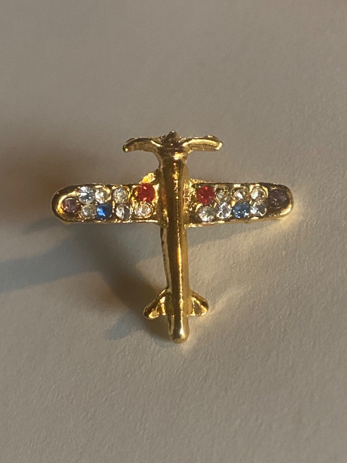Biplane Propeller Airplane Pin Brooch Vintage Red White and Blue Rhinestones
