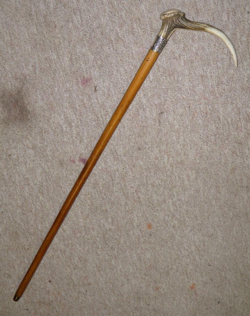 Victorian Antler Handle Walking Stick/Cane -Hallmarked Repouse Silver 1878