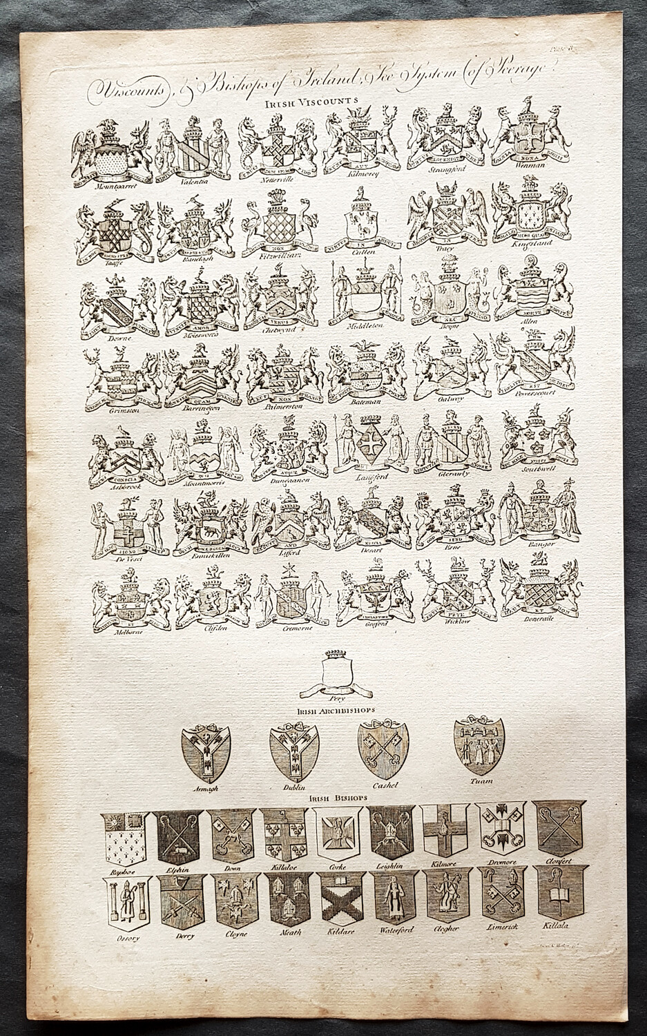 1798 William Henry Hall Antique Heraldry Print of Viscounts & Bishops of Ireland