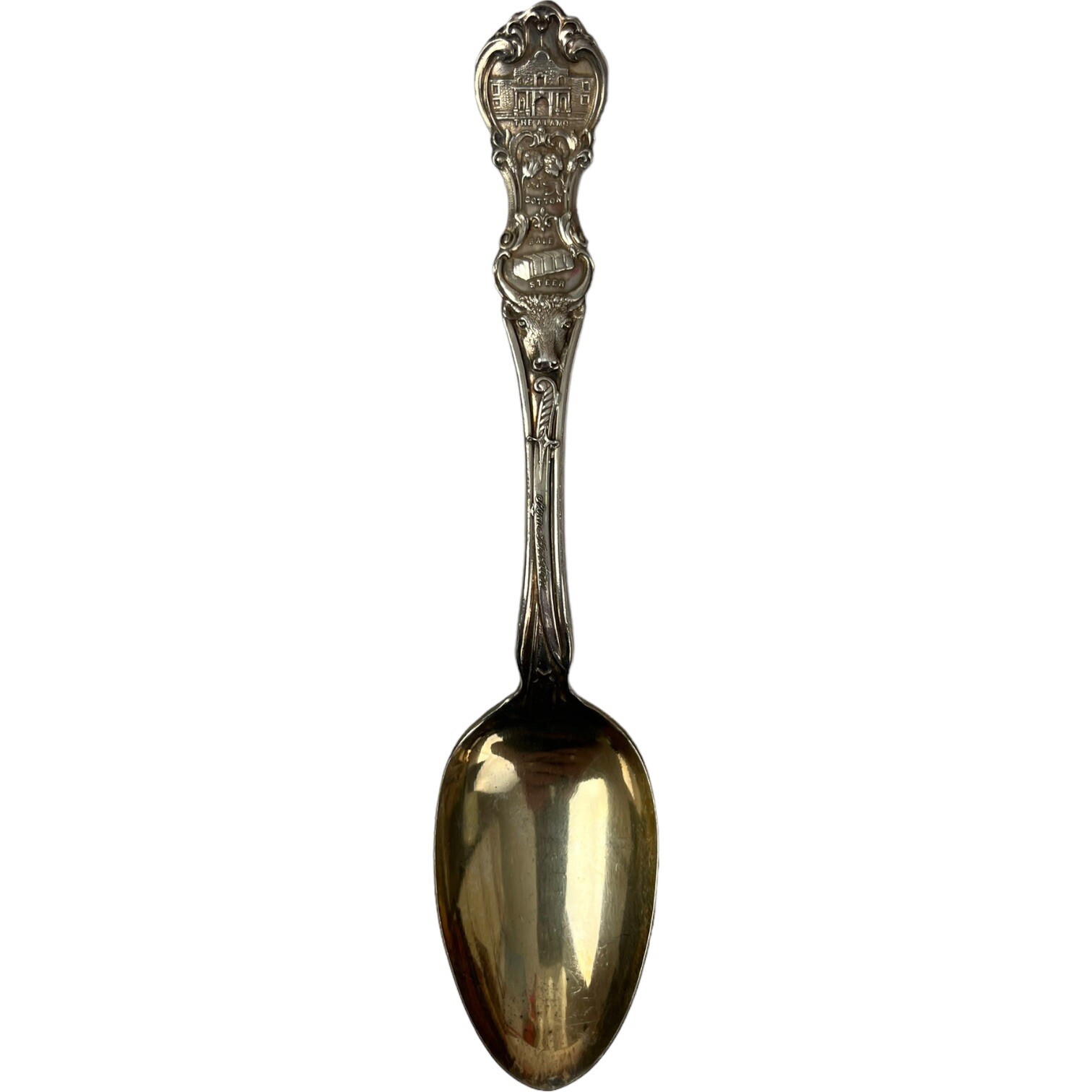 Arthur A Everts Jewelers Texas Silver Souvenir Spoon Lone Star Alamo Steer 6″