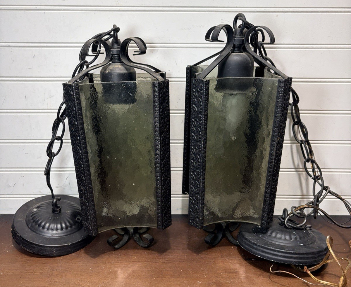 Vtg Pair Of 1970’s hanging Pendant Lighting Smokey Grey Glass W/Black Fixture