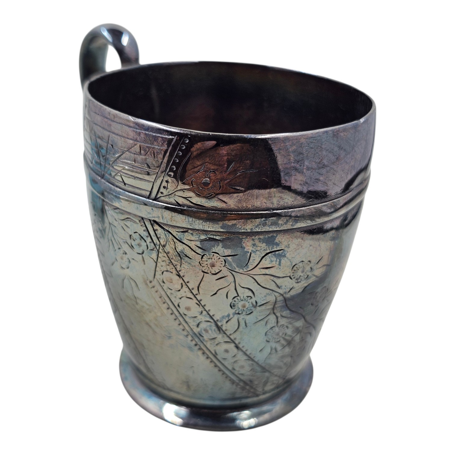 Antique Victorian Silver Plate Mug Aesthetic Movement Engraved Floral Birds Cup