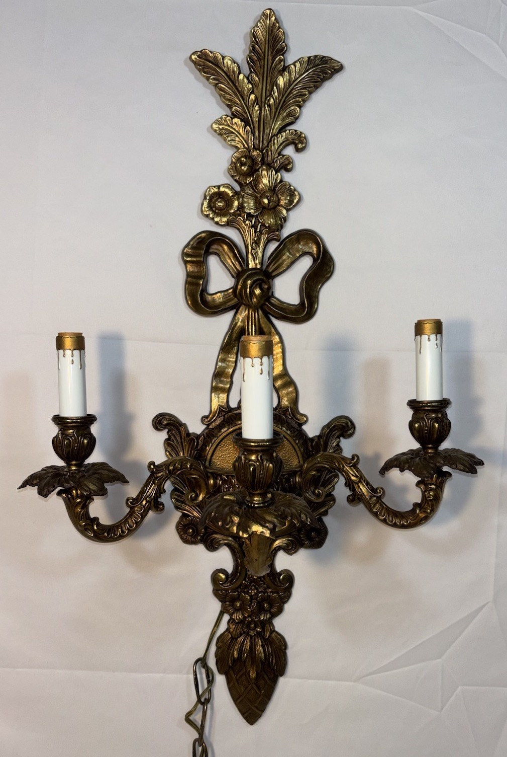 Antique Vintage French Louis XV Style Bronze Brass Wall Sconce 3Light Tri Branch