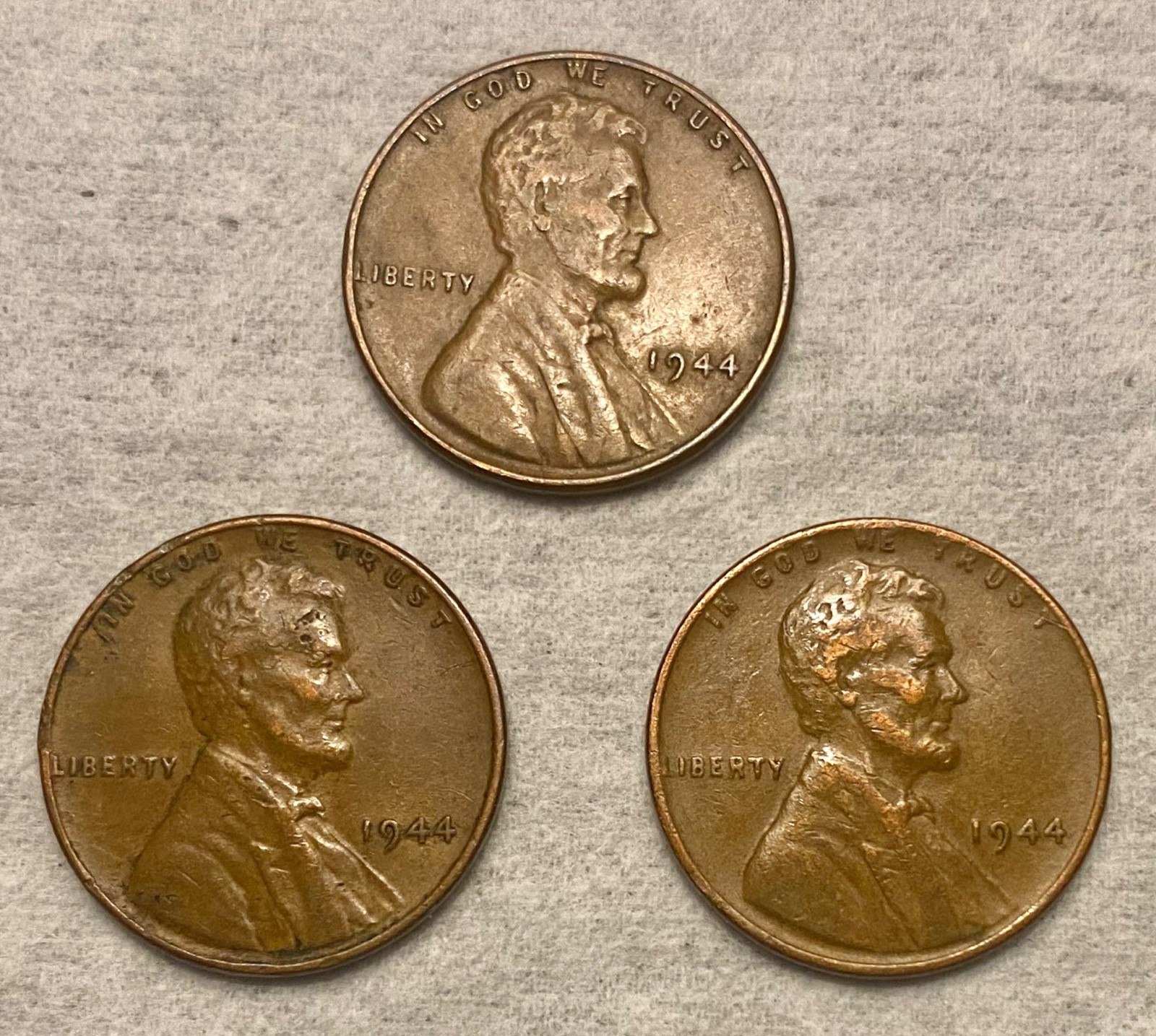 3–1944 RED Wheat Pennies No Mint Mark WW2 – red color
