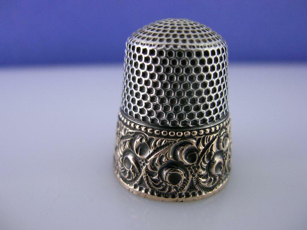 Victorian Sterling & Gold Band Thimble w/ chased scroll & bead patterns Anchor 8