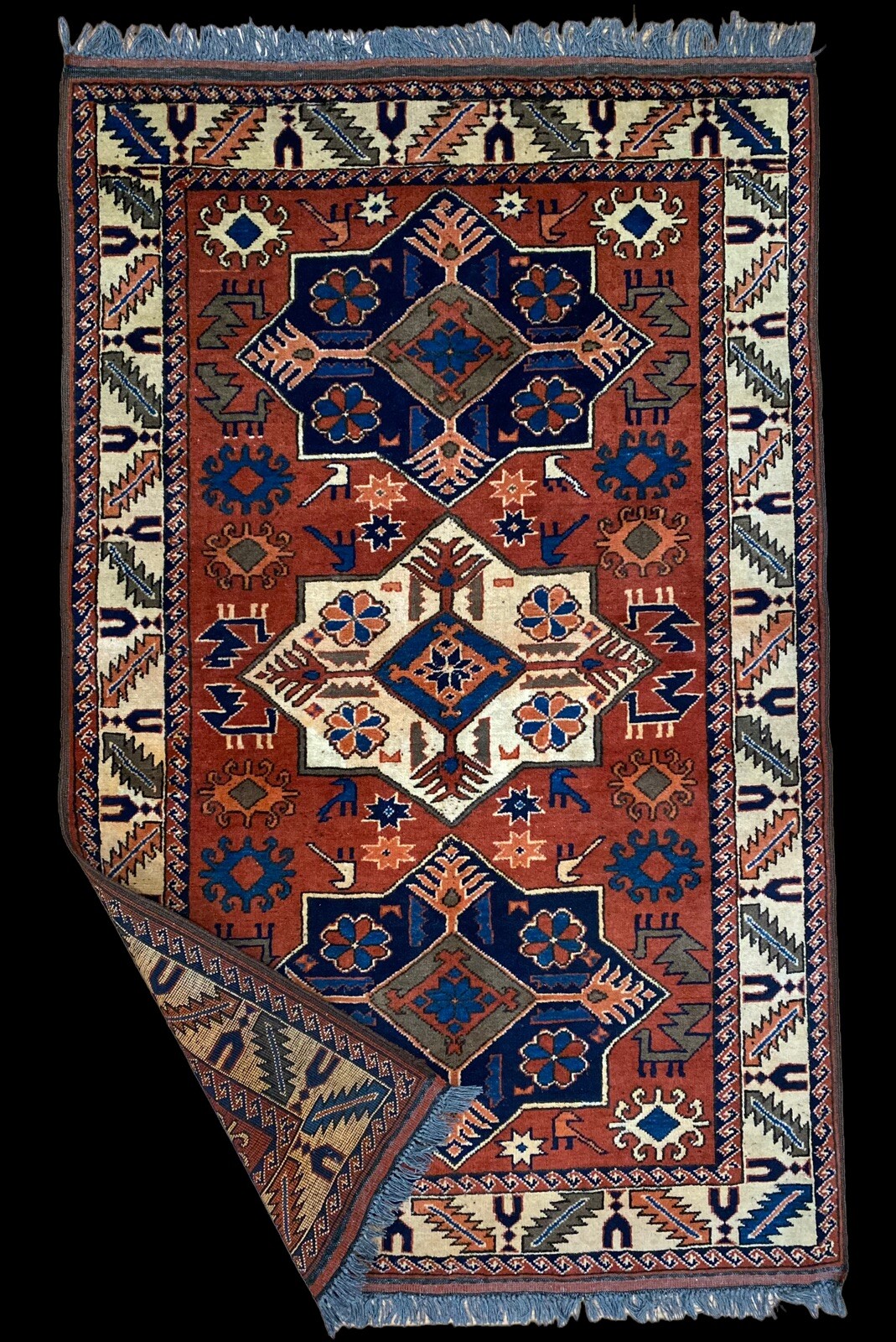 Antique Vintage Kazak Russian Area Rug 4×6 Vegetable Dye Rust Red Hand-knotted