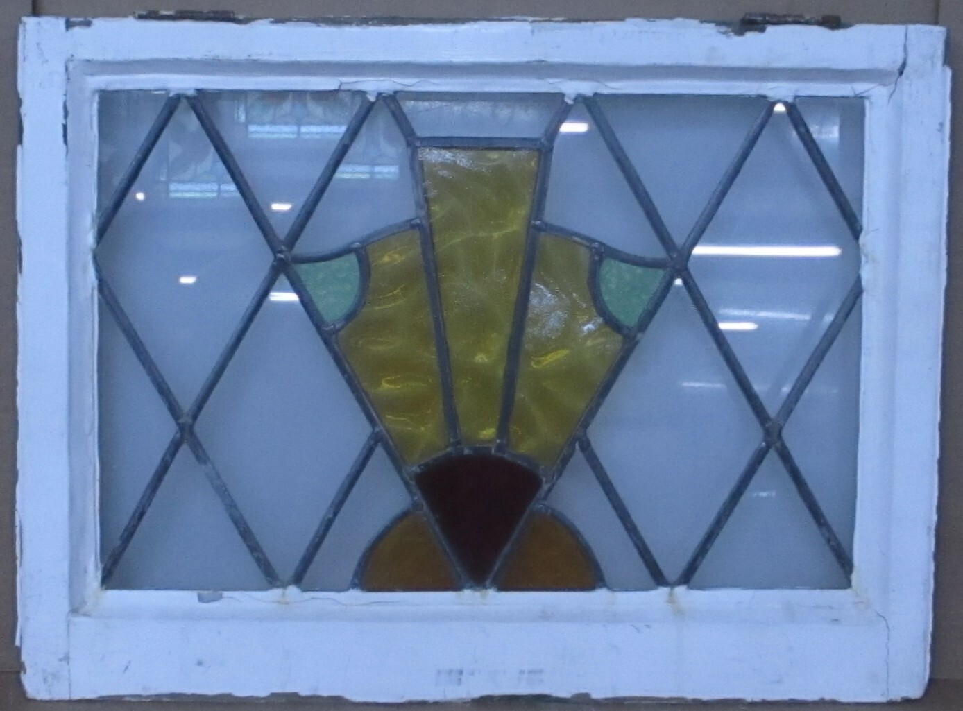 ABSTRACT MIDSIZE OLD ENGLISH LEADED STAINED GLASS WINDOW 23.75″ X 18.25″