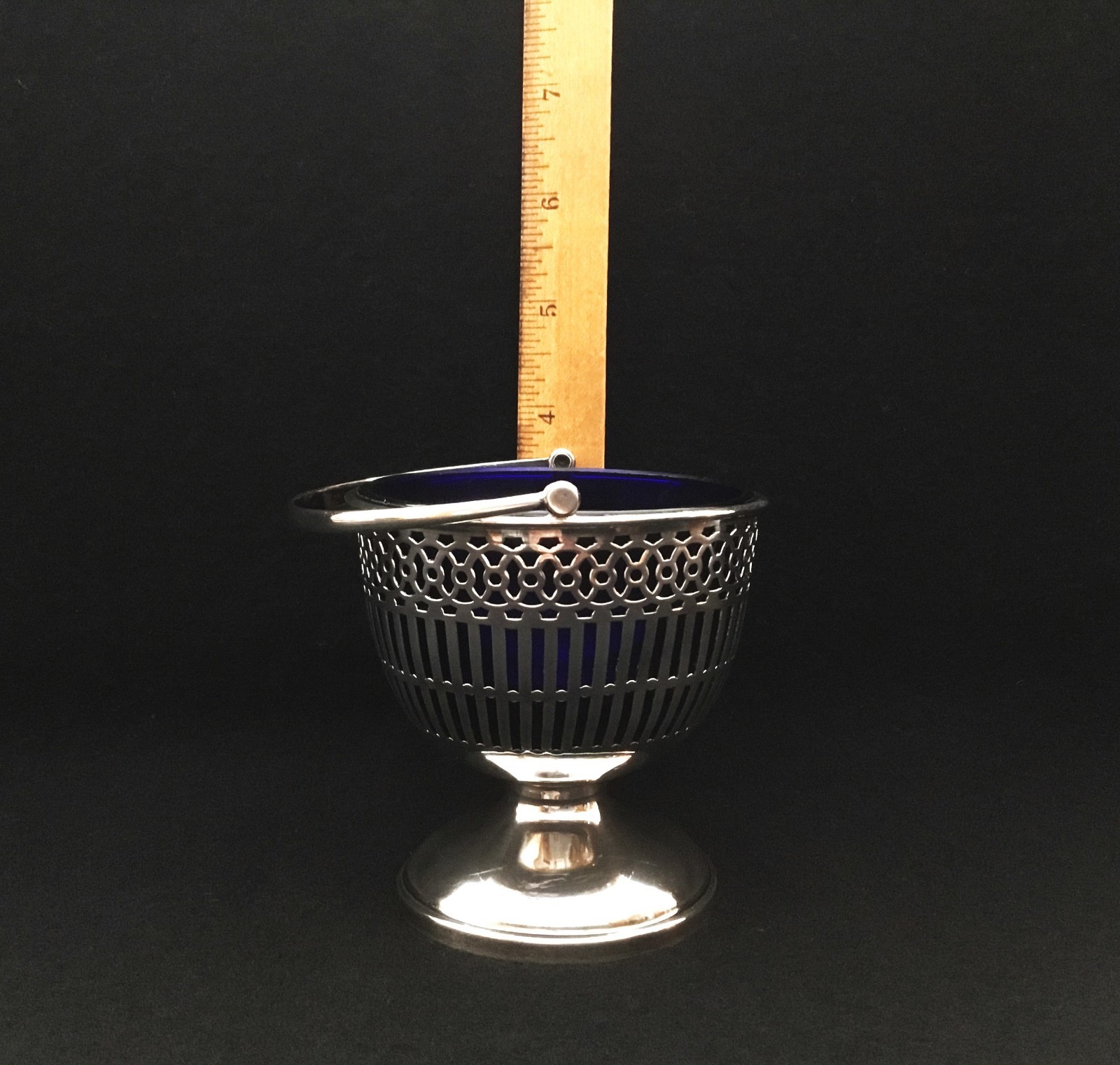 Wallace Sterling Silver Sugar Or Candy Basket Cobalt Blue Glass Insert 10400