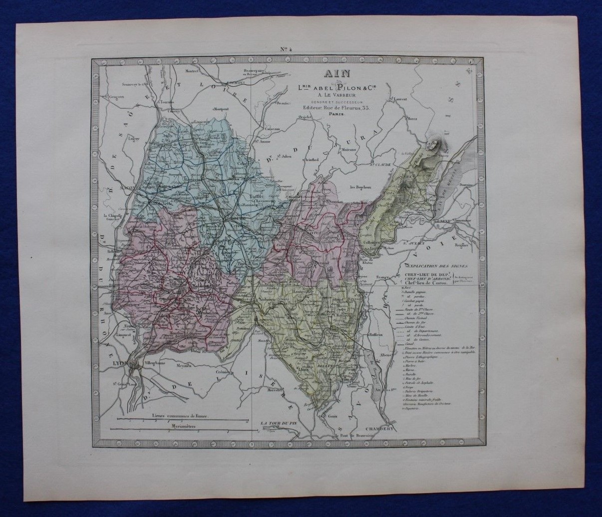 Original antique map AIN, FRANCE, AUVERGNE-RHONE-ALPES, Le Vasseur, 1878