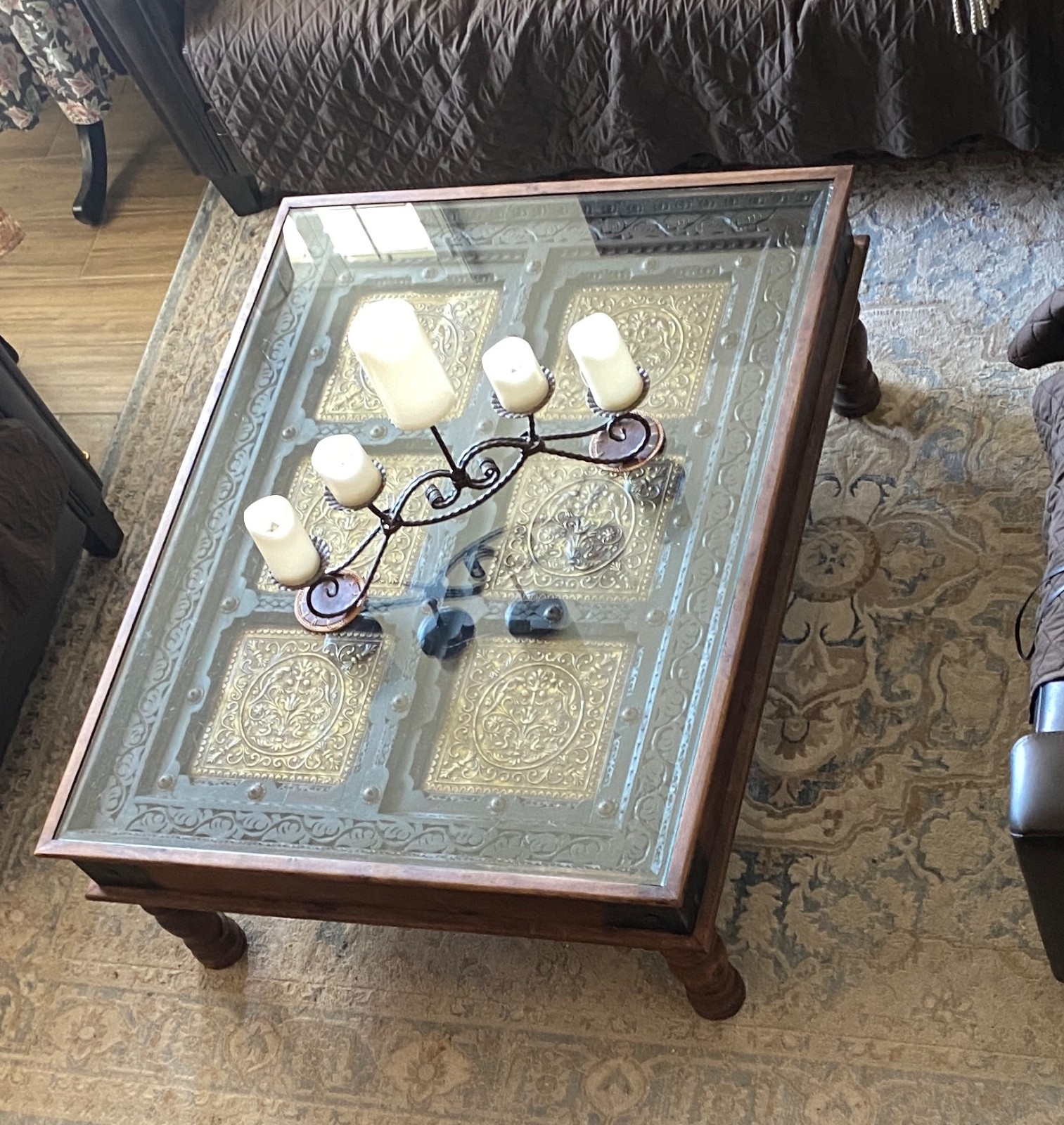 Table -Antique Indian inspired Carved Wood Door Coffee Table Brass-Copper inlay
