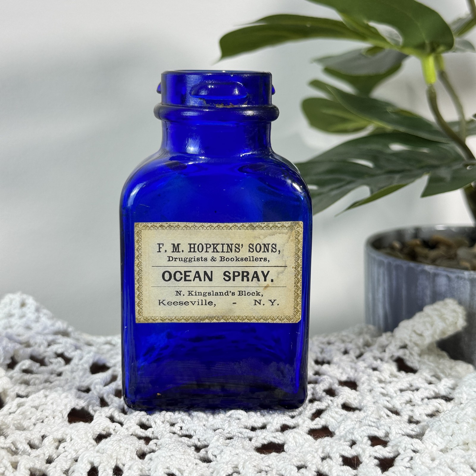 Antique Cobalt Blue F. M. Hopkins’ Sons Ocean Spray Apothecary Bottle Keeseville